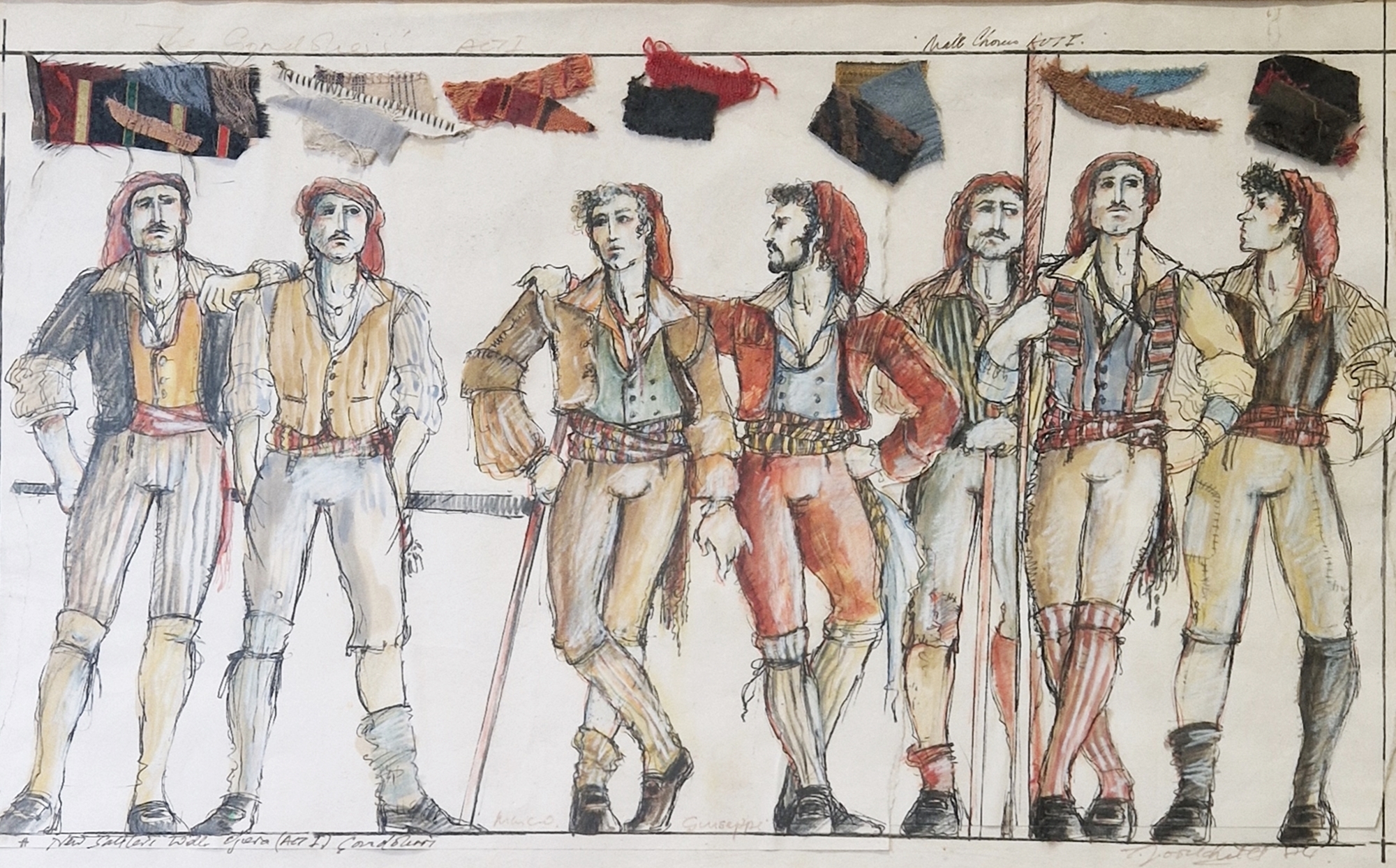 Theatre costume designs for 'The Gondoliers' and 'The School for Scandal' by the same artist,