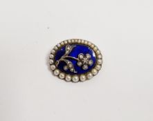 Victorian enamel, diamond and pearl mourning brooch, oval, the blue enamel with old cut diamond