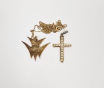 9ct gold and diamond cross pendant, 2.5cm high and a 9ct gold fine chain link necklace with gold-