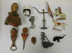 Pair continental painted wood novelty corkscrew and bottle opener and small quantity sundry trinkets