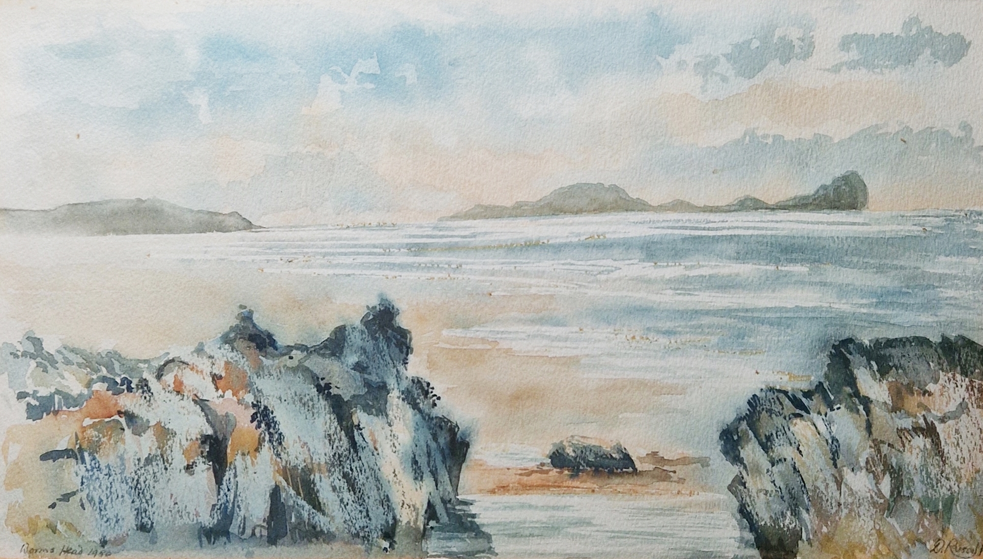 Derrick Russell (20th century) Watercolour "Worms Head", coastal scene, signed lower right, titled - Image 2 of 6