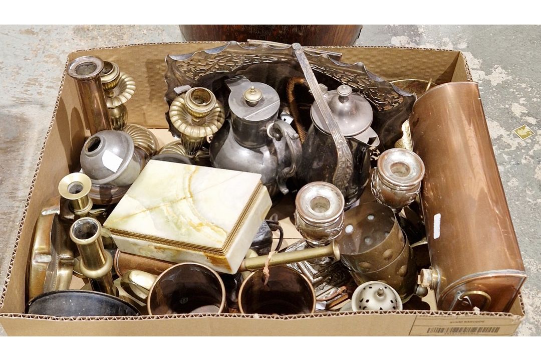 Collection of metalware including a 19th century copper bed warmer, an electroplated pierced and