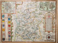 John Speed, 'Wilshire', John Sudbury & George Humble, 17th century hand coloured engraved map of
