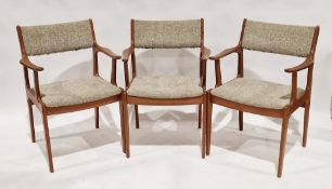Set of three mid century teak-framed dining chairs/carvers, possibly by Scandinavia Woodworks Co.,