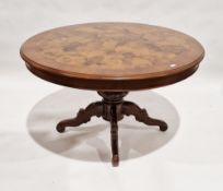 Burr wood veneer dining table of circular form, on four-section pedestal base, 75cm high x 120cm
