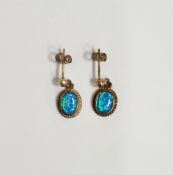 Pair 9ct gold synthetic opal drop earrings, oval