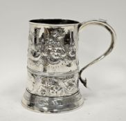 George III silver tankard possibly by John Scofield, London 1772, tapering, the flattened scroll