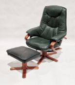 Stressless-style reclining armchair in dark green, on wooden base, 100cm high and a matching
