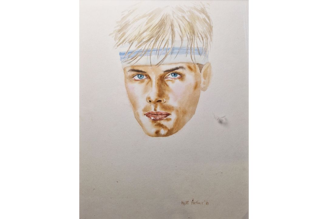 Myles Antony (Irish, 20th century) Watercolour Portrait of a man wearing bandana, signed and - Image 4 of 6