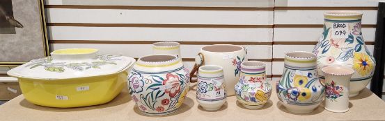 Large group of Poole pottery vases, various printed and impressed marks, each painted in a bold