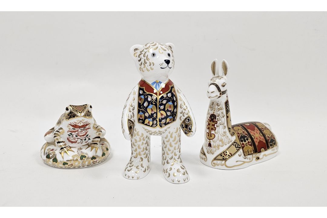 Three Royal Crown Derby bone china imari pattern paperweights comprising llama, old imari frog, - Image 1 of 5