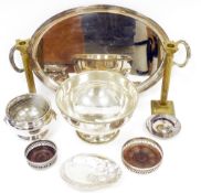 Large twin-handled silver plated serving tray of oval form, a Mappin & Webb silver plated rose bowl,