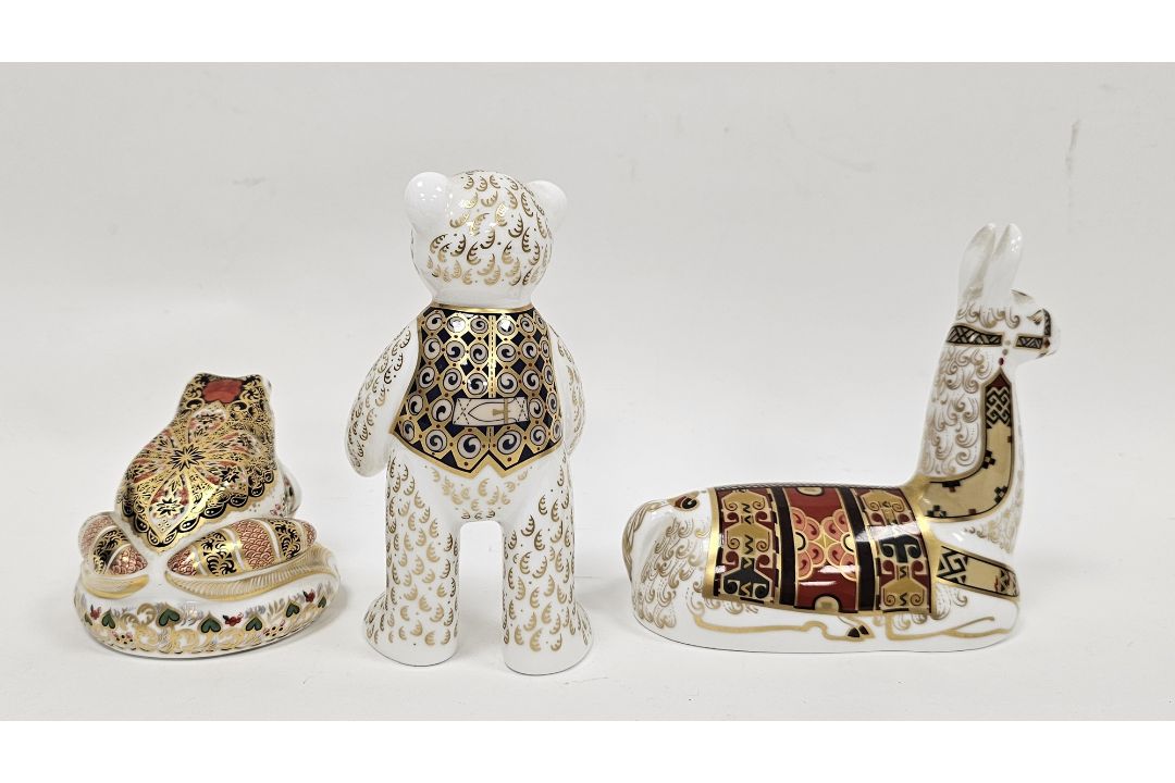 Three Royal Crown Derby bone china imari pattern paperweights comprising llama, old imari frog, - Image 2 of 5