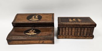 Sorrento ware walnut writing slope with two serpentine form hinged lids with marquetry inlaid oval