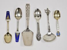 A collection of various Scandinavian silver-coloured spoons, including a David Anderson enamelled