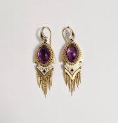 Pair Victorian gold-coloured metal, enamel and purple stone drop earrings, Etruscan-style, the