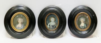 Three late 18th French School portrait miniatures on ivory Each in watercolour on oval ivory plaque,