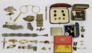 Gold-coloured and seedpearl stickpin, a Scottish silver dirk brooch, a gold-coloured metal