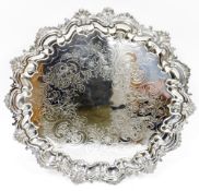 Large Victorian silver plated circular tray, foliate and floral engraved, ornate foliate border,