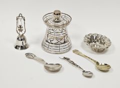 Small foreign silver-coloured metal oval trinket dish with wavy border, glass preserve jar lidded