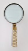 Late 19th century mammoth tooth handled brass mounted magnifying glass, with tapering rectangular