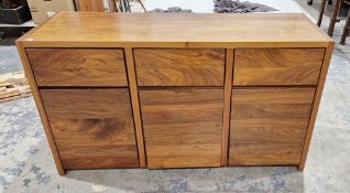 Modern stained hardwood sideboard comprising three short drawers and three cupboards, 85cm high x