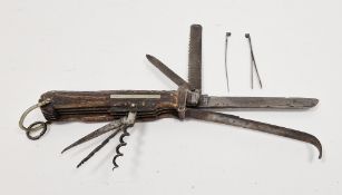 Vintage large antler handled horseman's/coachman's multi-tool pen knife, with mutliple blades