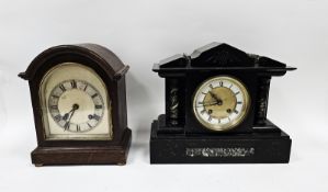 Arched dial and cased mahogany mantel clock, silvered chapter ring with roman numerals, the brass