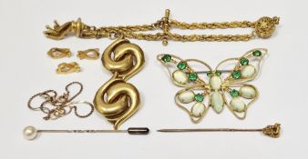 Gold-coloured nugget-top stickpin, a cultured pearl stickpin, a rolled gold small albert, a 9K