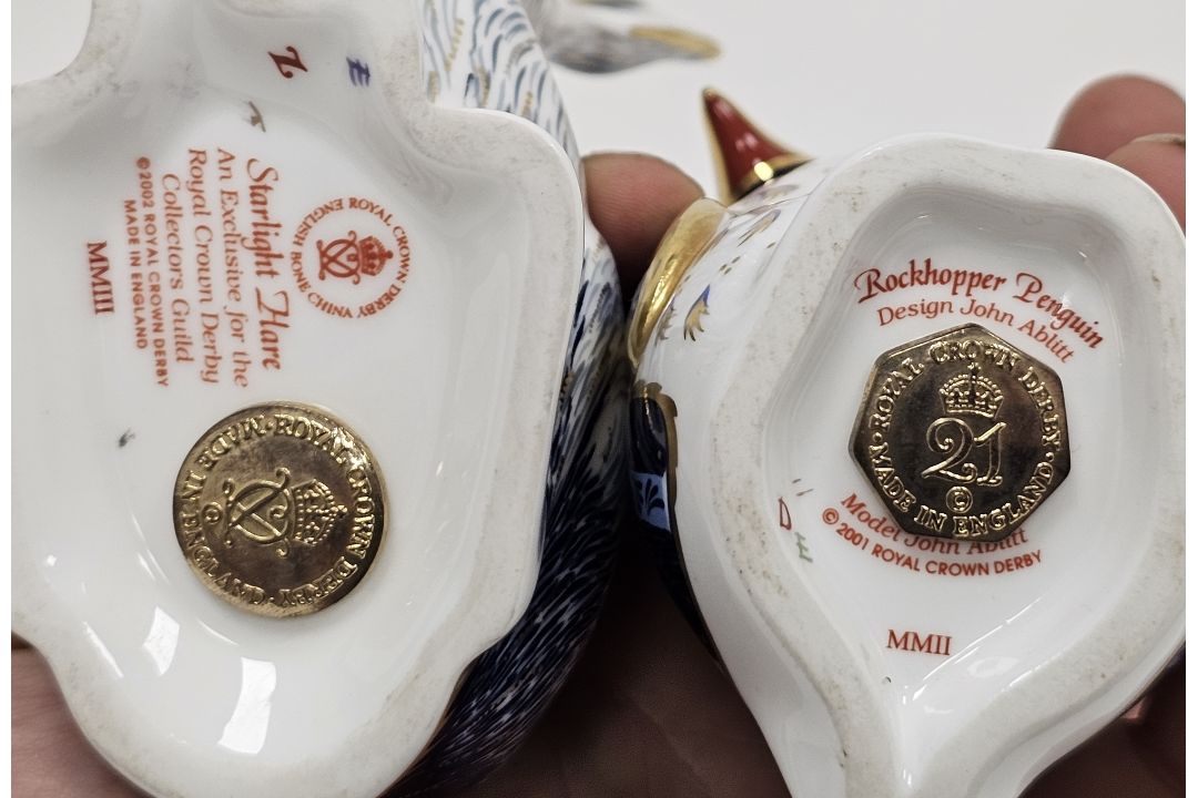 Four Royal Crown Derby bone china animal paperweights, comprising snowy owl, rockhopper penguin, - Image 4 of 4