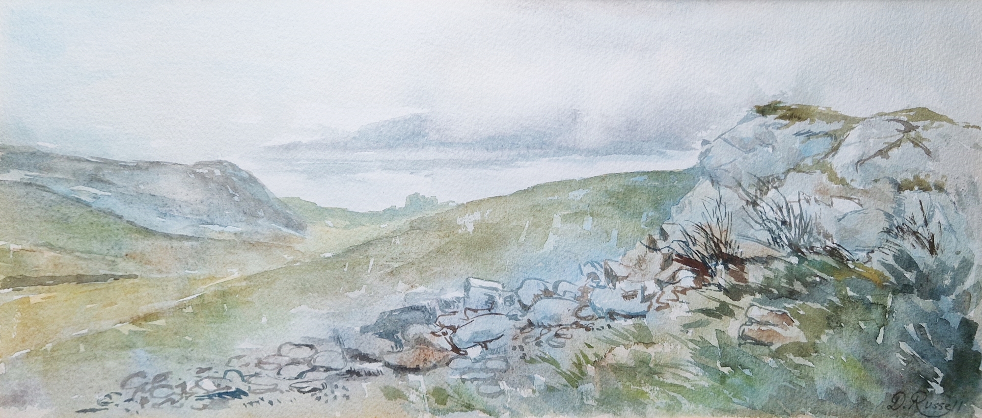 Derrick Russell (20th century) Watercolour "Worms Head", coastal scene, signed lower right, titled - Image 4 of 6