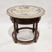 Circular table with white marble top, inlaid and decorated with coaching scene within a decorative