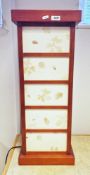 Contemporary Chinese square section simulated red lacquer table lamp, with five leaf paper cream