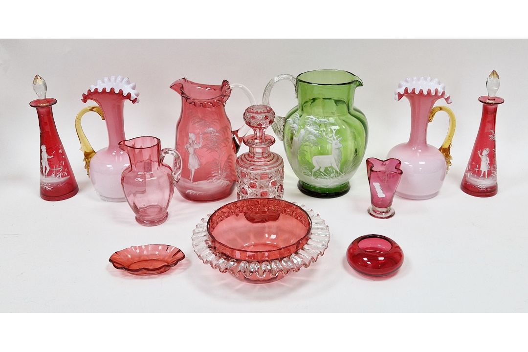 Collection of 19th century and later cranberry and coloured glass to include a Mary Gregory