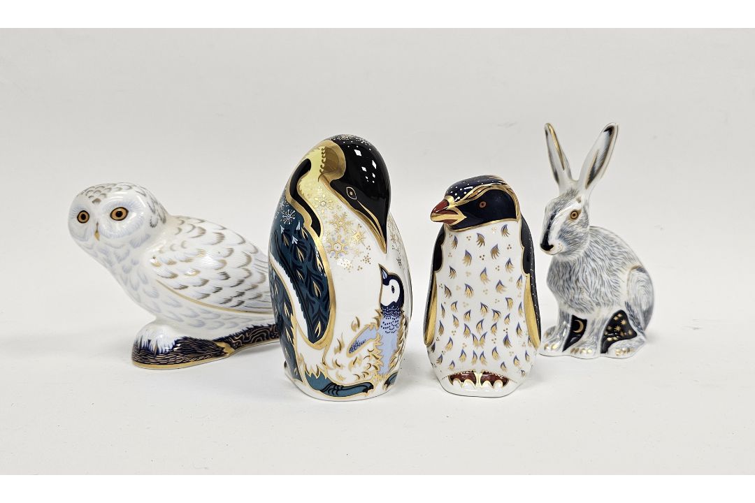 Four Royal Crown Derby bone china animal paperweights, comprising snowy owl, rockhopper penguin, - Image 1 of 4