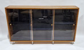 Contemporary pine display cabinet, of rectangular form with reeded borders, with three perspex