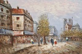 Burnett (20th Century) Oil on board Parisian street, signed lower right, 89cm x 59cm