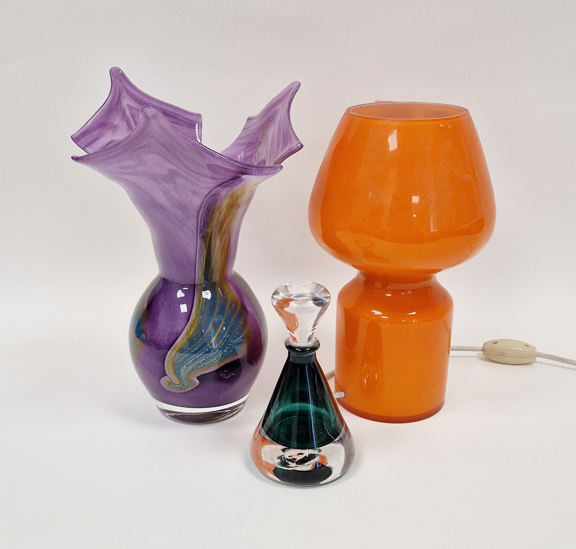 Retro 1960's cased orange glass table lamp, electrified, an Andrew Sanders green tinted cased
