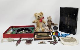 Merrythought gold teddy bear, brown plush and felt soft toy monkey, two porcelain half-figures, a