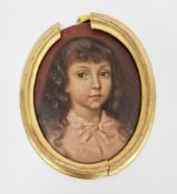 19th century  Oil on card Portrait miniature of young lady, mounted in a gilt frame, 13.5cm x 10cm