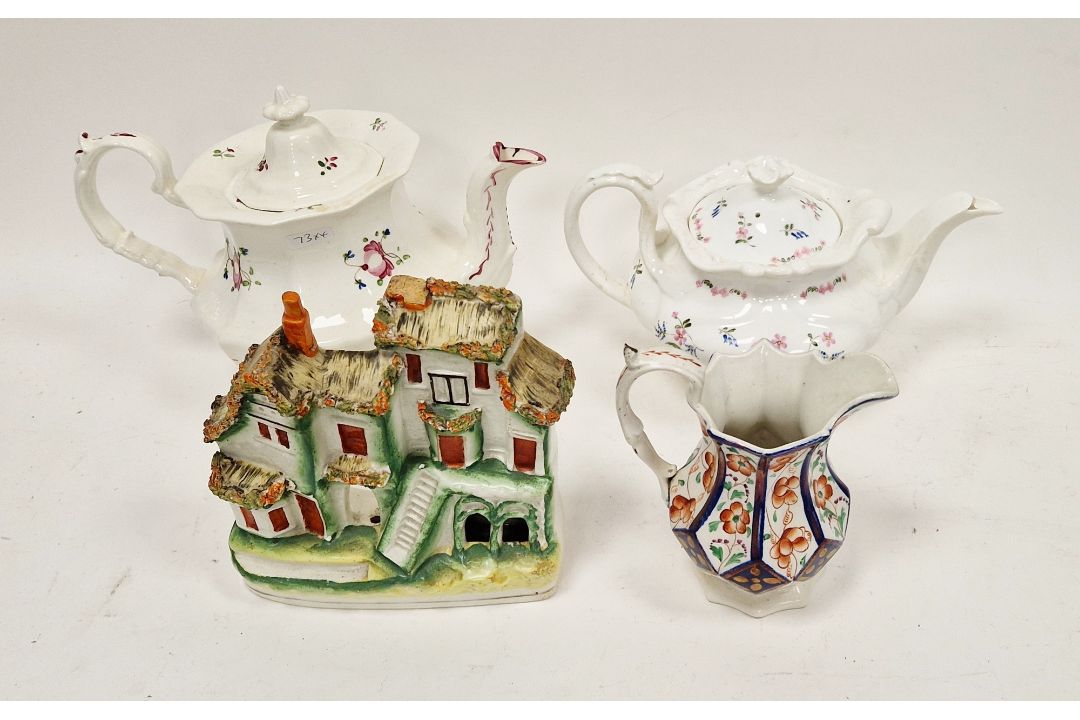 Group of 19th century Staffordshire pottery and porcelain, including a model of a tiered cottage - Image 1 of 2