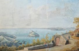Neapolitan school Gouache drawing Coastal landscape with figures in foreground, possibly the Bay