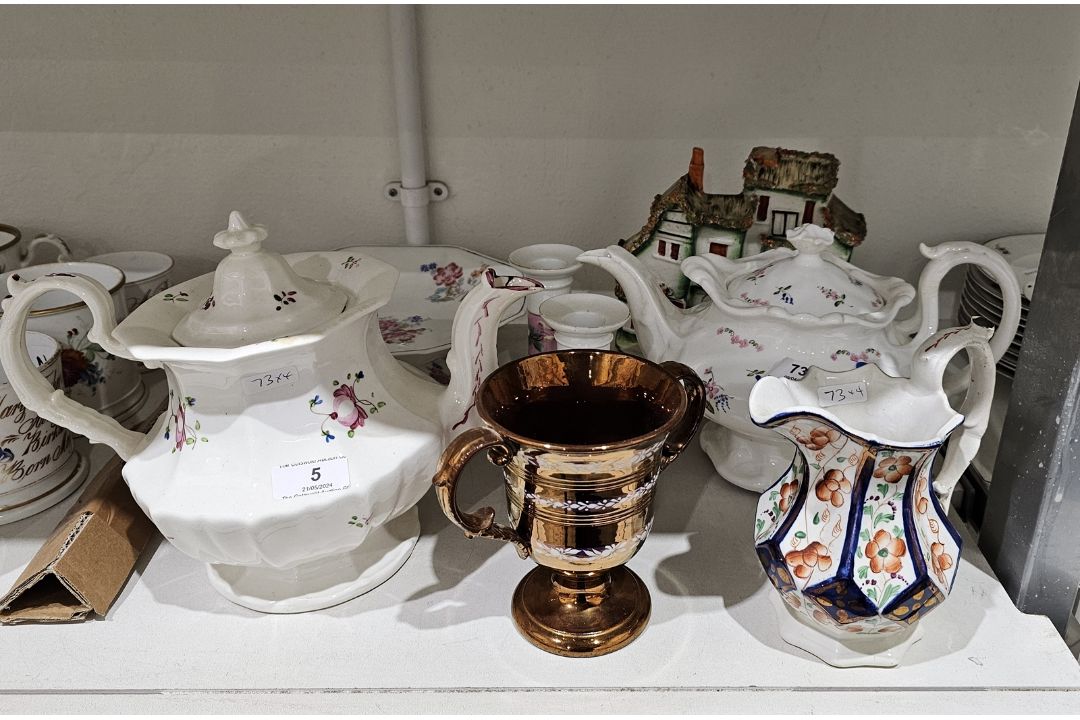 Group of 19th century Staffordshire pottery and porcelain, including a model of a tiered cottage - Image 2 of 2