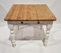20th century pine breakfast table with white painted legs, 76cm high x 91cm wide x 92cm deep