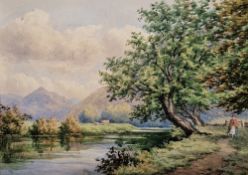 H. S. Latham/Tatham?? (19th century) Watercolour River landscape with woman on path, signed and