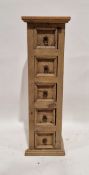 Modern pine spice chest having five short drawers with metal handles, 112cm high x 35cm wide x