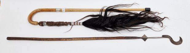 Edwardian silver collared walking cane, an African carved wooden horse hair fly whisk and a turned