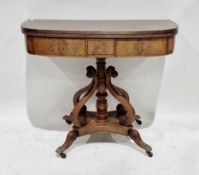 Late Regency mahogany and rosewood cross-banded folding card table, rectangular, baize lined with