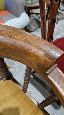 Late 19th/early 20th century oak corner chair with carved spiral supports and X-frame stretcher, - Image 25 of 44