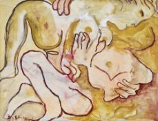 Both?? 20th century school Oil on canvas Nude couple embracing, signed and dated '91 lower left,